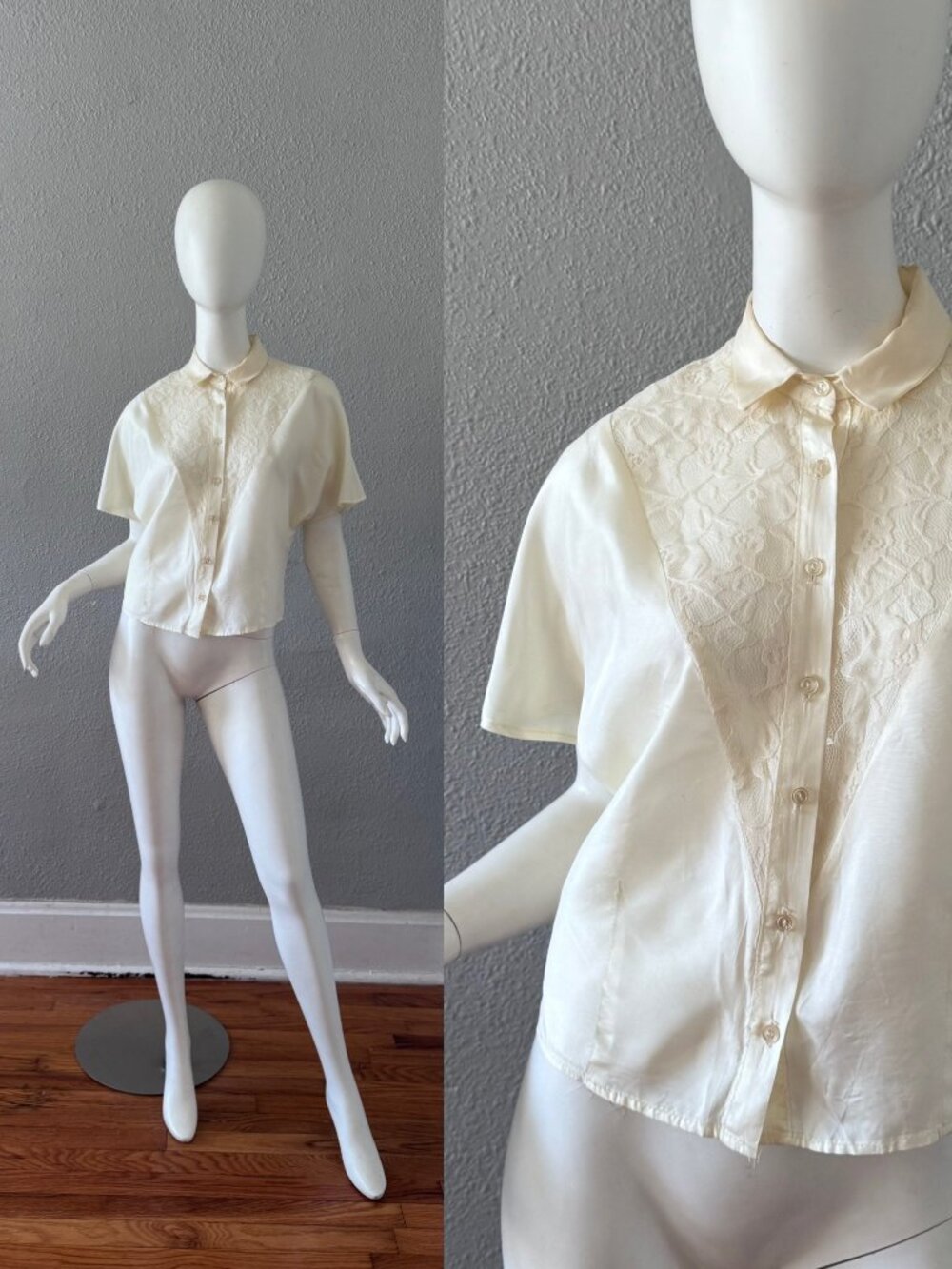 Vintage 70s Ivory Lace Button Dolman Sleeve Crop Top Blouse L